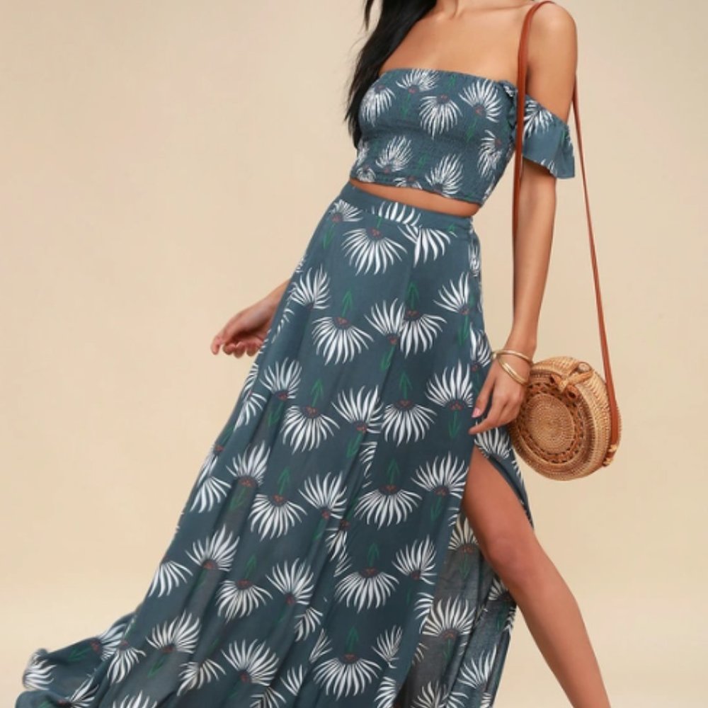 Trancoso Dusty Blue Floral Print Two-Piece Maxi Dress